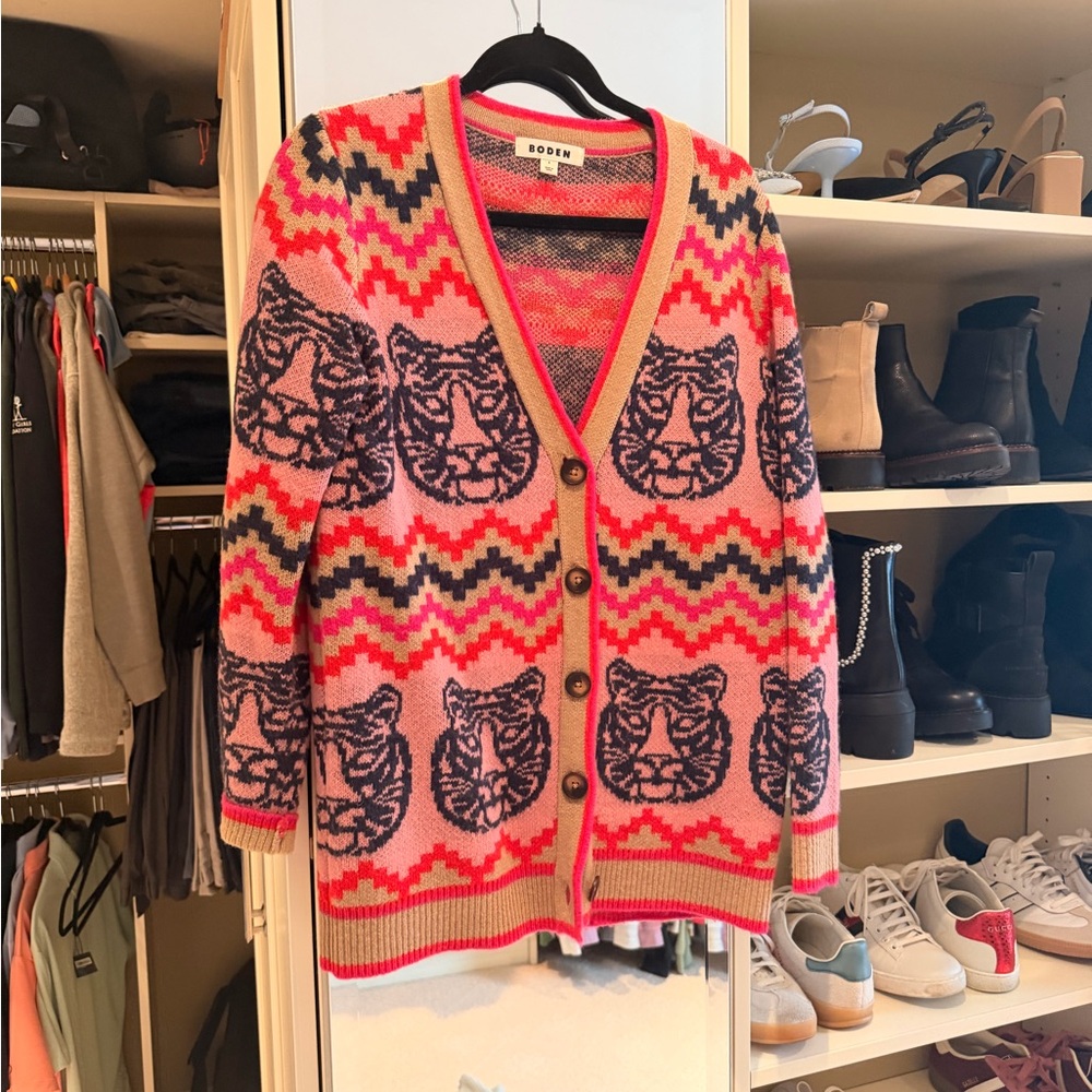 Boden Pink and Blue Tiger Pattern Cardigan